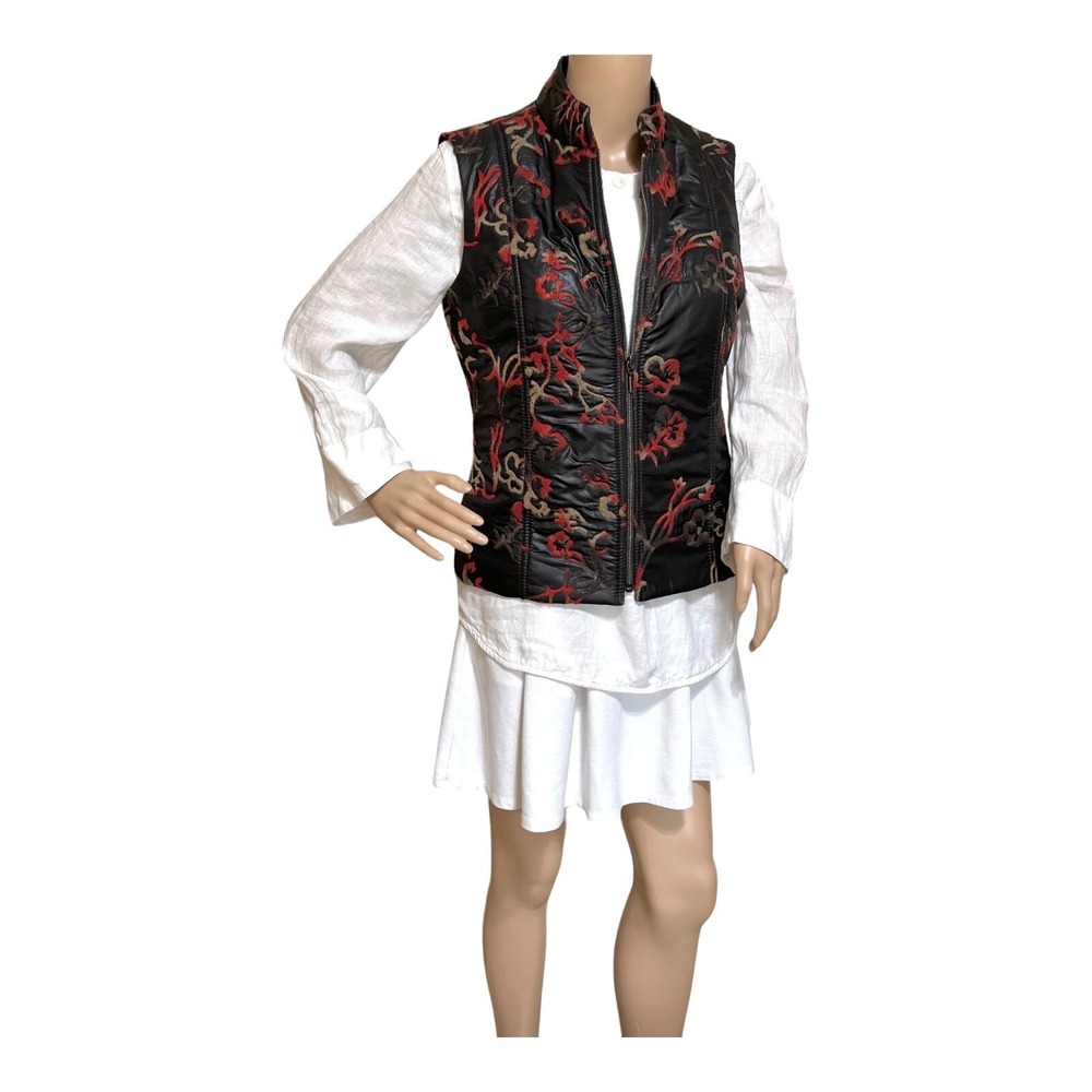 Amanda Matthews Petite S PS Black Red Embroidered Floral Quilted Vest Pocket EUC